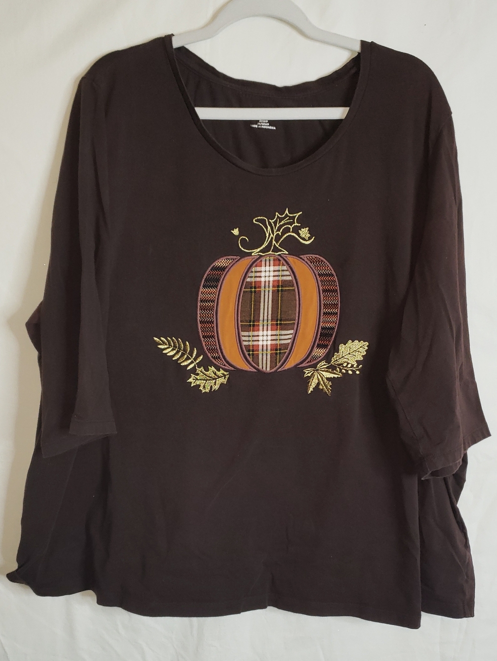Catherines 3XP Petite Brown Pumpkin Applique 3/4 Sleeve Tee with Gold Accents